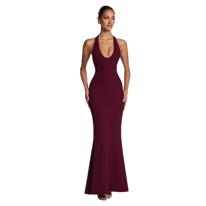Damen Elegantes Bodenkleid mit tiefem V-Ausschnitt und figurbetontem Design Drune