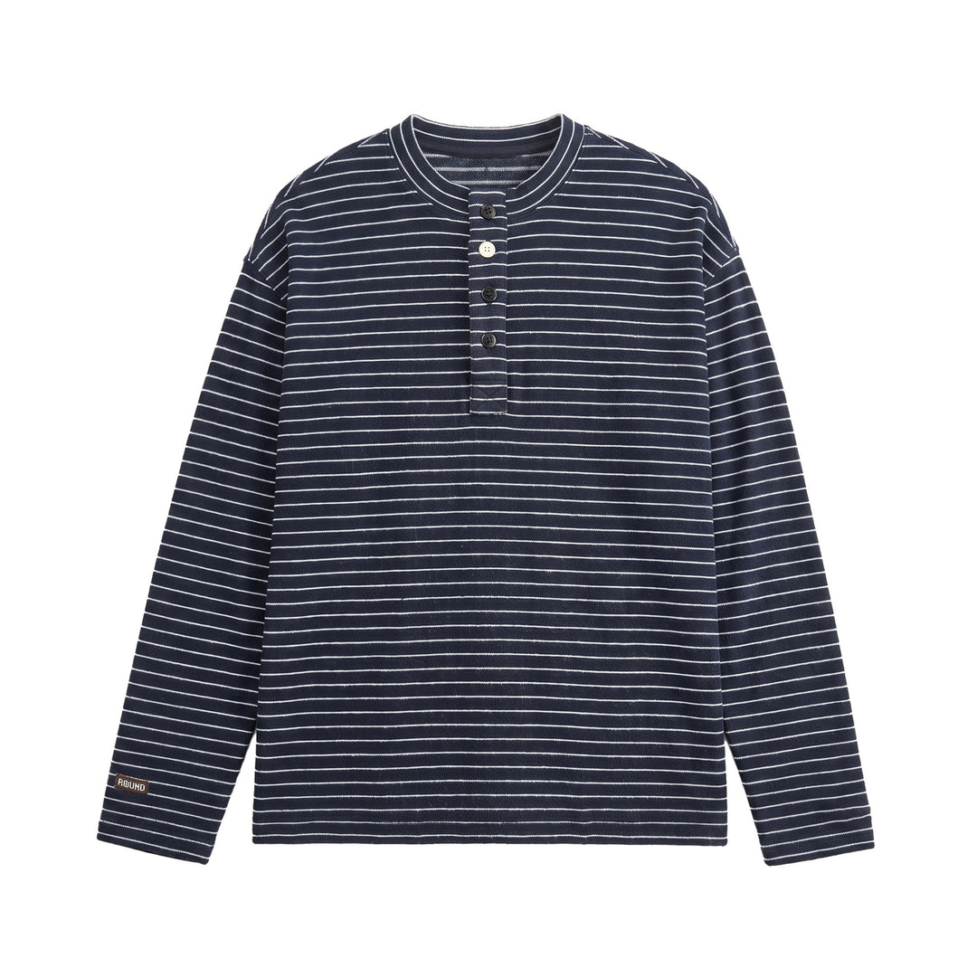 Herren Feinstrick-Henleyshirt mit kurzem Knopfleiste und horizontalem Streifenmuster Drune