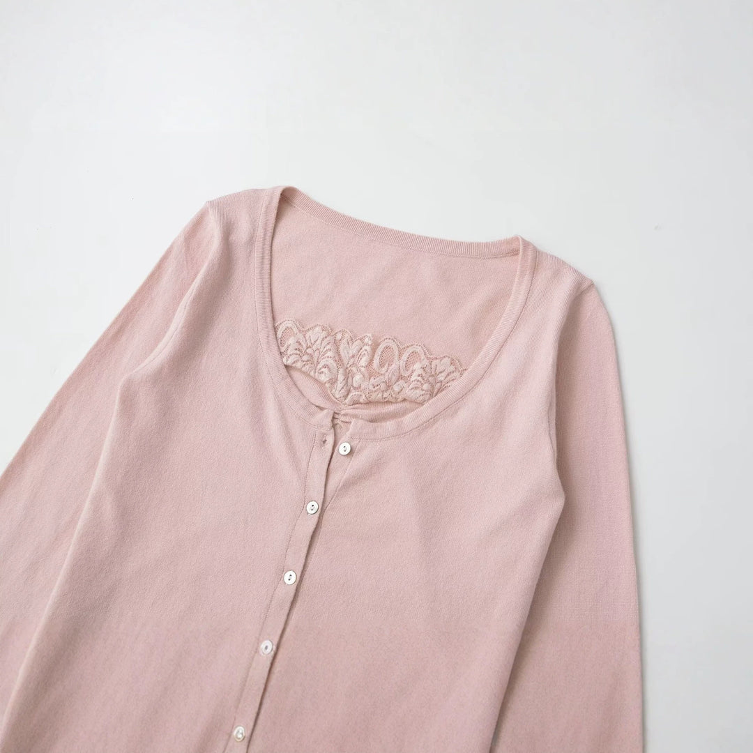 Damen Kurz geschnittener Feinstrick-Cardigan mit Spitzen-Einsatz Drune