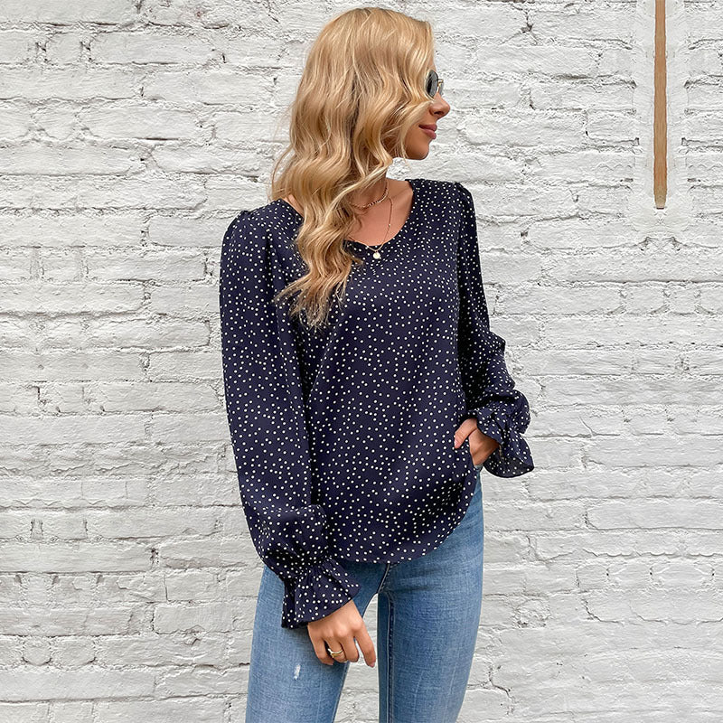 Damen Gepunktete Viskose-Bluse mit Ballonärmeln und Rüschensaum Drune