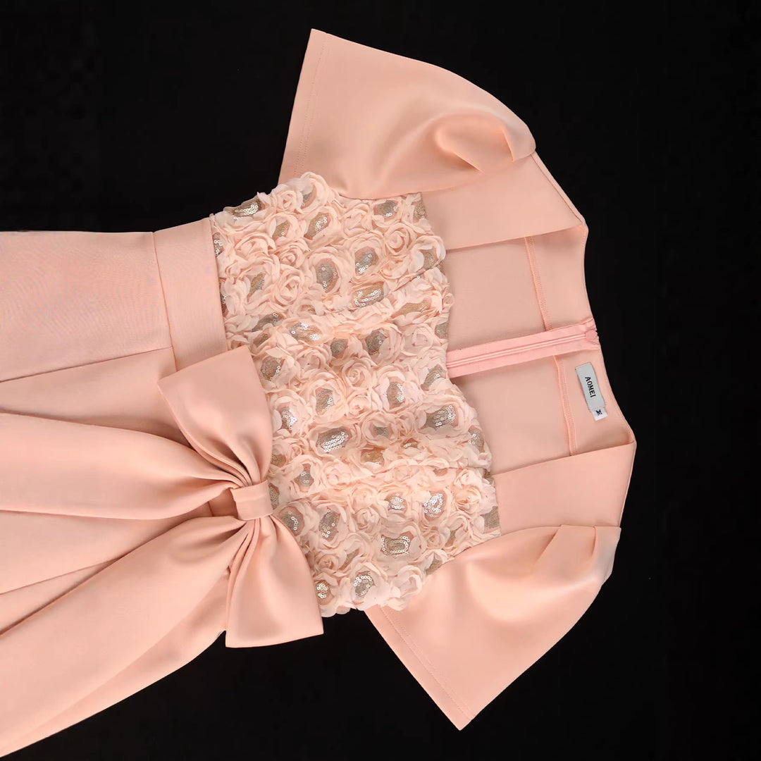 Damen figurbetontes Cocktailkleid mit floralen Applikationen und Schleifenakzent Drune