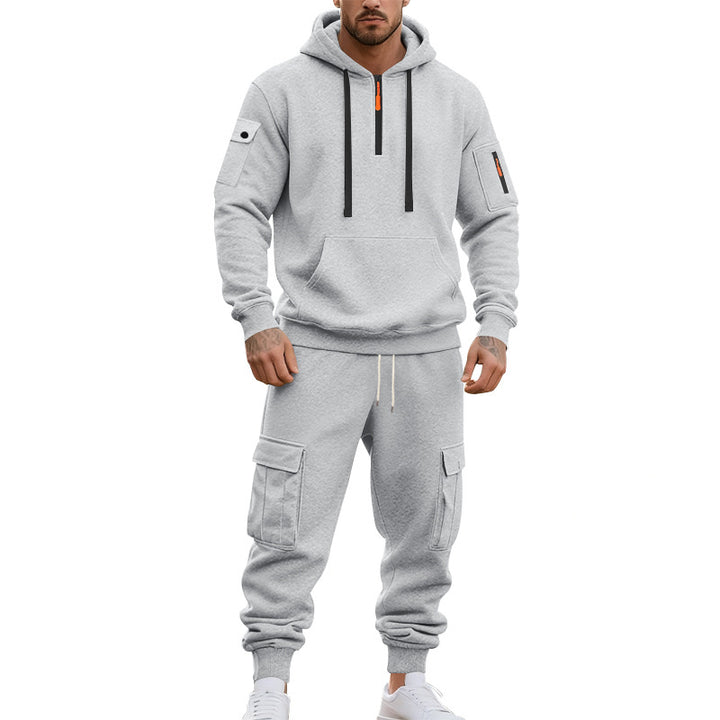 Herren nan zweiteiliges Utility-Freizeitset Hoodie mit halbhohem Reißverschluss, Ärmeltasche und Cargo-Jogginghose mit Klappentaschen Drune
