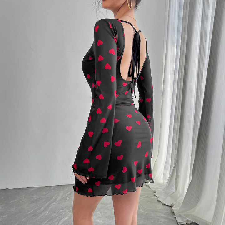 Damen nan figurbetontes Mini-Kleid aus feinem Netzstoff mit Herzmuster und Trompetenärmeln Drune
