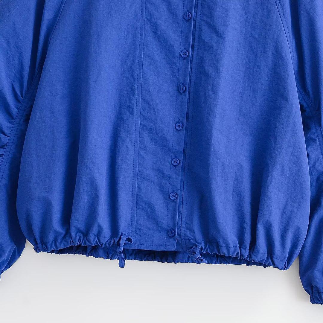 Damen Cropped Blousonjacke mit Stehkragen, voluminösen Ballonärmeln und Tunnelzugsaum Drune