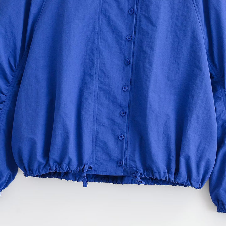 Damen Cropped Blousonjacke mit Stehkragen, voluminösen Ballonärmeln und Tunnelzugsaum Drune