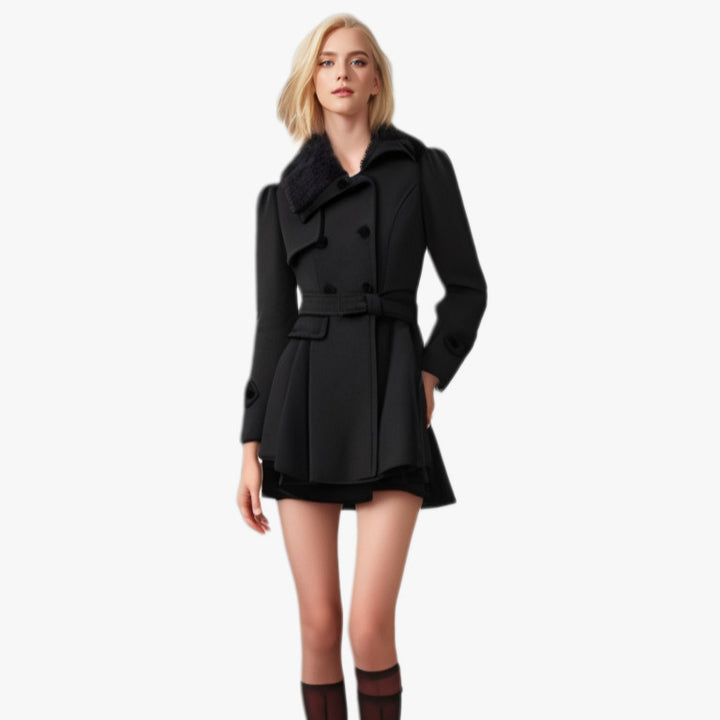 Damen eleganter Trenchcoat mit abnehmbarem Fellkragen und Taillengürtel Drune