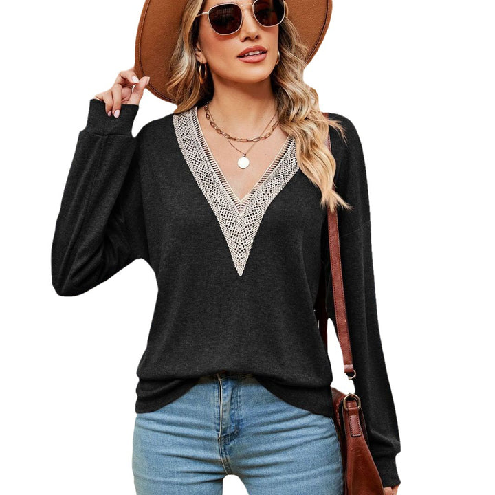 Damen V-Ausschnitt Pullover mit Spitzenakzenten und lässigem Schnitt Drune