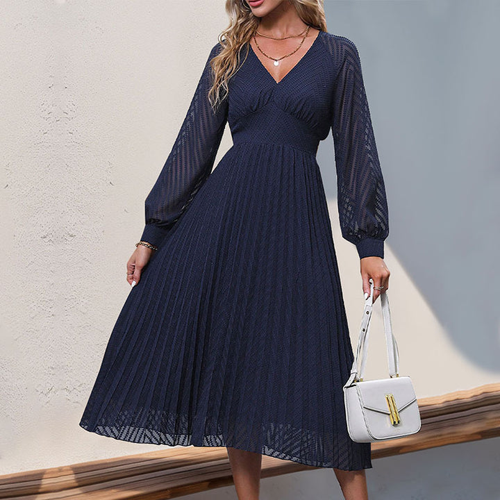 Damen Plissee Midi-Kleid mit V-Ausschnitt und langen Ärmeln Drune