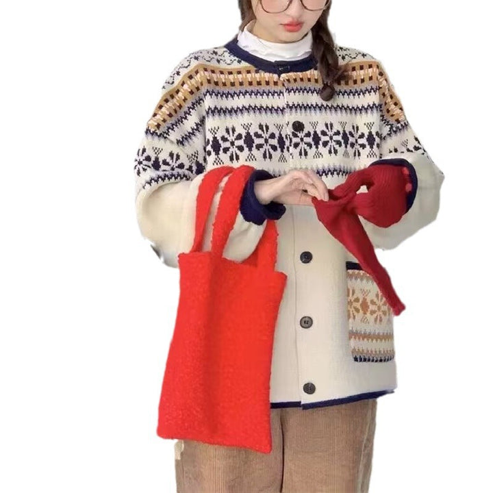 Damen Kuschelige Strickjacke mit Kapuze und dekorativem Muster Drune