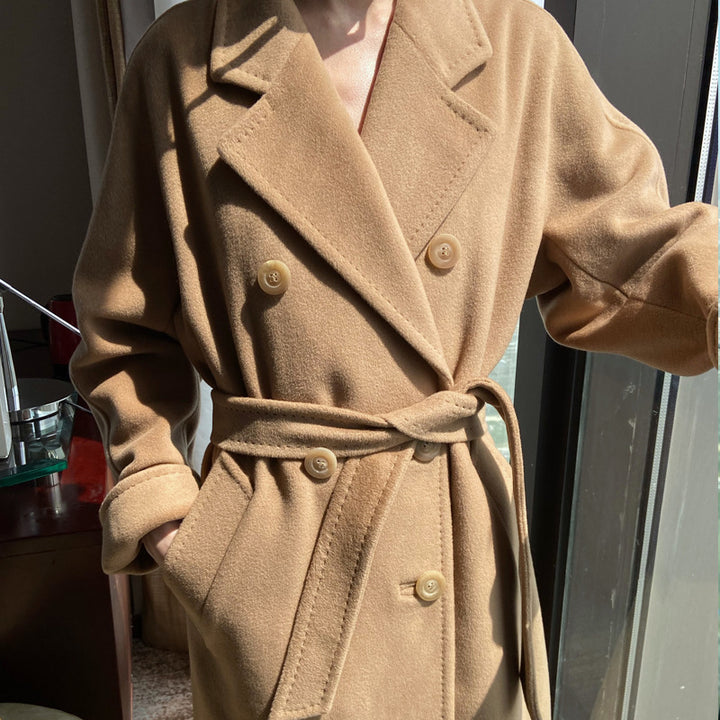 Damen Eleganter Doppeltbreasted Wollmantel Drune