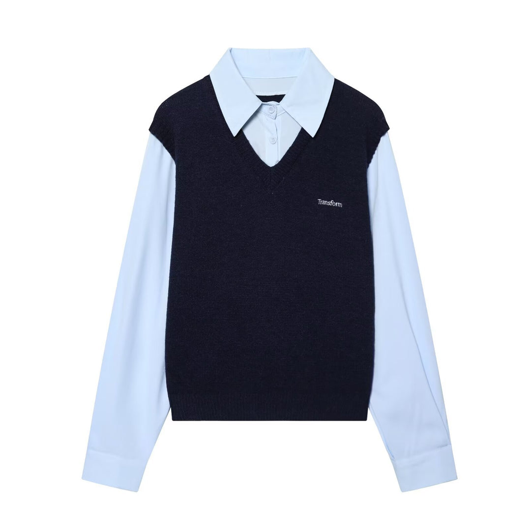 Damen Lagenlook-Hemd mit V-Ausschnitt Strickweste Drune