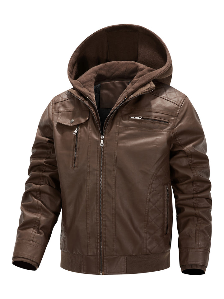 Herren Kunstleder-Bikerjacke mit abnehmbarer Kapuzenblende und gesteppter Seitenpartie Drune