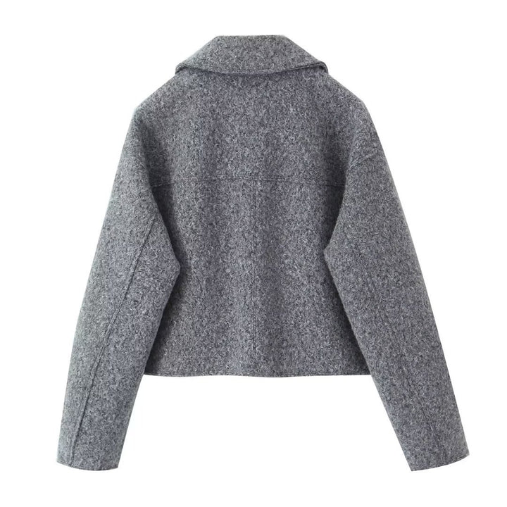 Damen nan kurzgeschnittene kastige Wollmix Jacke mit Reißverschluss Hemdkragen und aufgesetzten Pattentaschen Drune