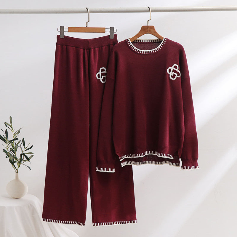 Damen lässiges Strick-Loungewear-Set mit dekorativen Kontrastdetails Drune