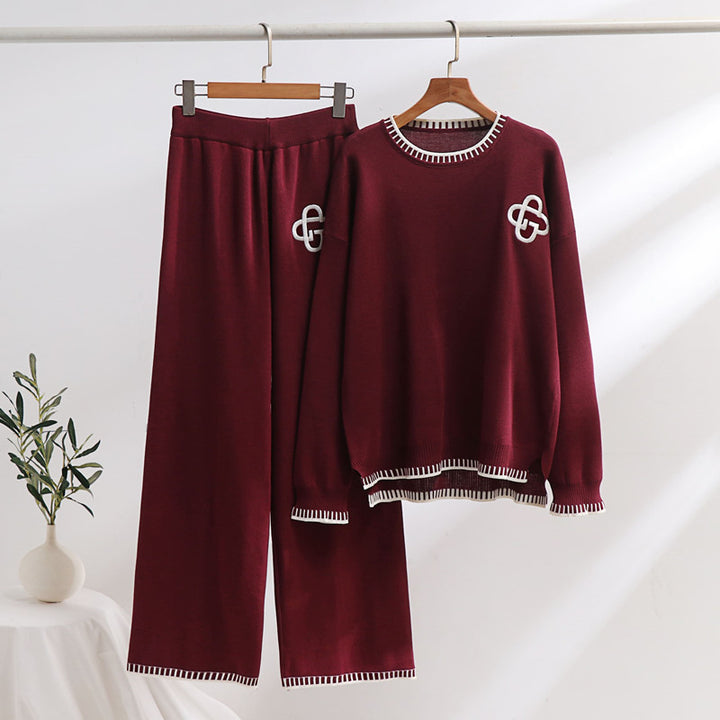 Damen lässiges Strick-Loungewear-Set mit dekorativen Kontrastdetails Drune