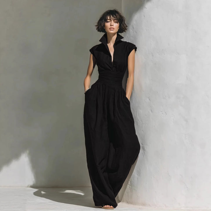 Damen Jumpsuit mit weitem Bein, tailliertem Wickelbund und Stehkragen Drune
