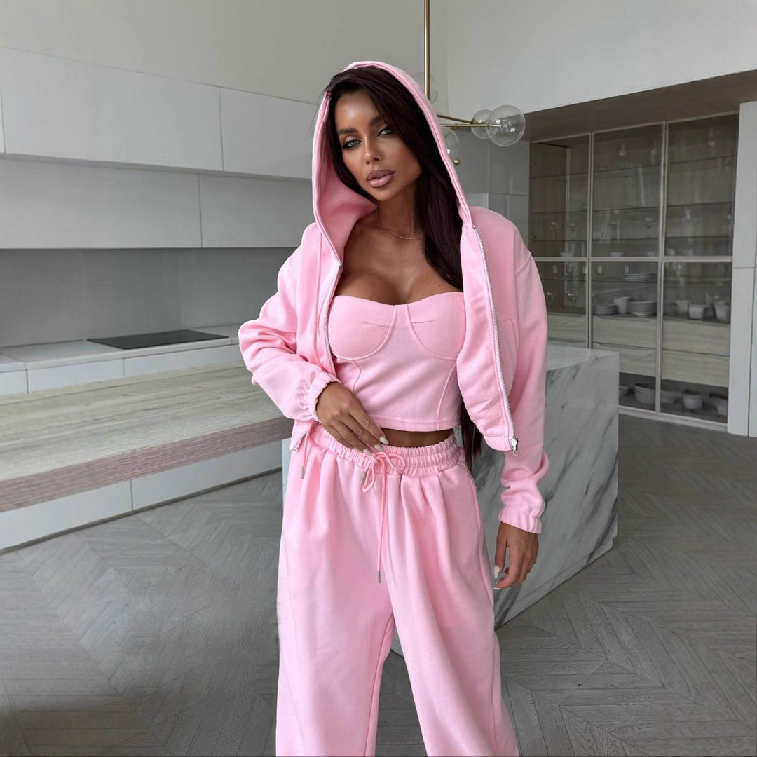 Damen Sculpting-Corsagen-Crop mit Kapuzen-Zipjacke und weiter High-Waist-Jogginghose Drune