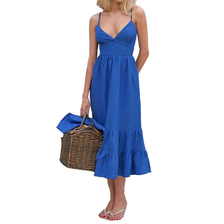 Damen Maxikleid mit tiefem V-Ausschnitt und voluminösem Rock Drune