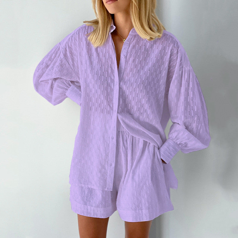 Damen lässiges Hemd-Shorts-Set mit elegantem Webmuster Drune