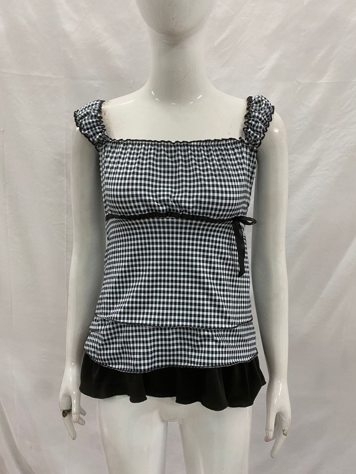 Damen Rüschenshirt mit Gingham-Muster und elastischen Trägern Drune