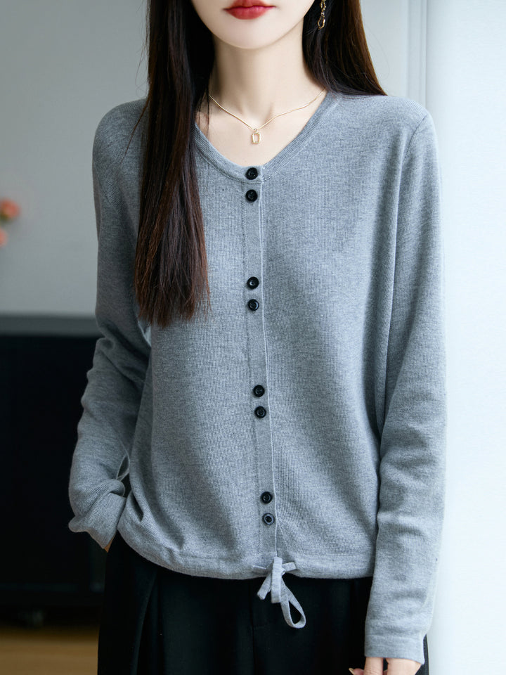 Damen Leichter Feinstrick-Knopfleisten-Cardigan mit Rundhalsausschnitt Drune
