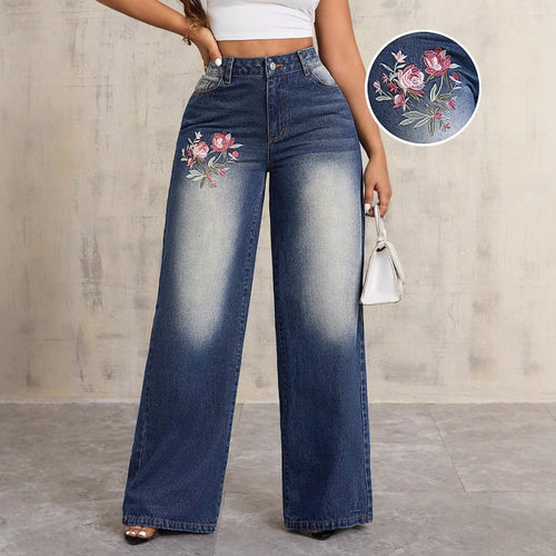 Damen weite Denim-Jeans mit floralen Stickereien Drune