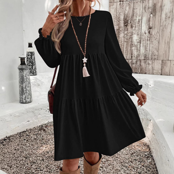 Damen Stufiges Babydoll‑Kleid mit langen Ballonärmeln und Rüschenbündchen Drune