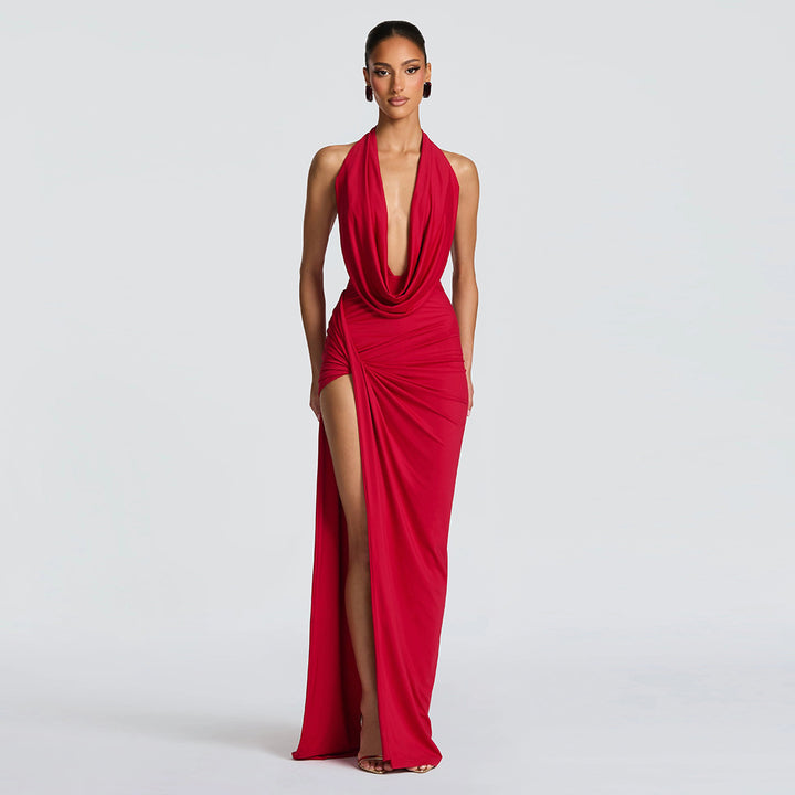 Damen Elegantes Maxikleid mit tiefem Halsochnitt und seitlichem slit Drune