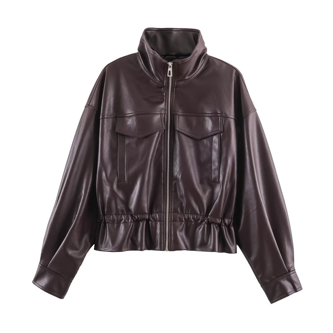 Damen Kurzer Oversize Kunstleder-Bomber mit Stehkragen, Pattentaschen und Kordelzug Drune