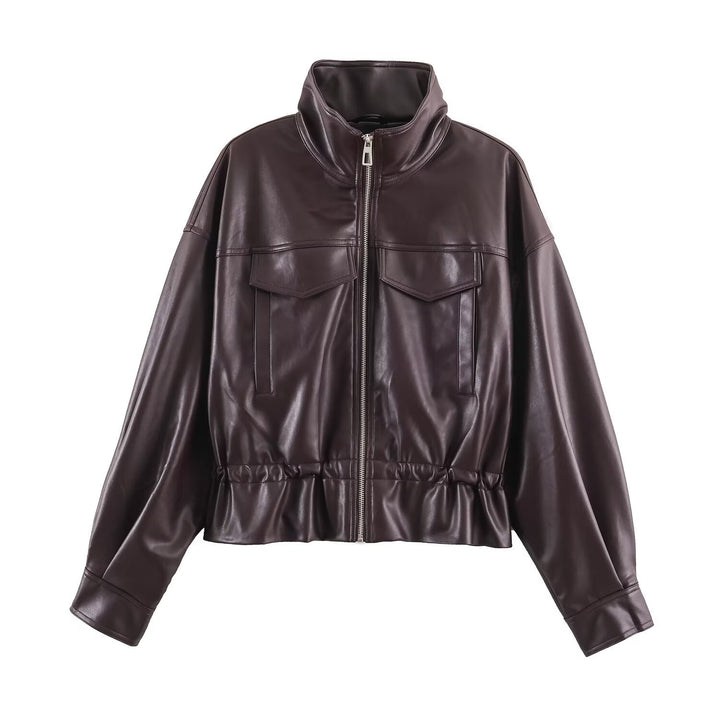 Damen Kurzer Oversize Kunstleder-Bomber mit Stehkragen, Pattentaschen und Kordelzug Drune