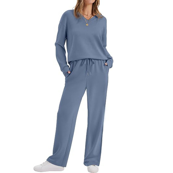 Damen Lässiges Lounge-Set mit V-Ausschnitt-Sweatshirt und weiten Tunnelzug-Hosen Drune