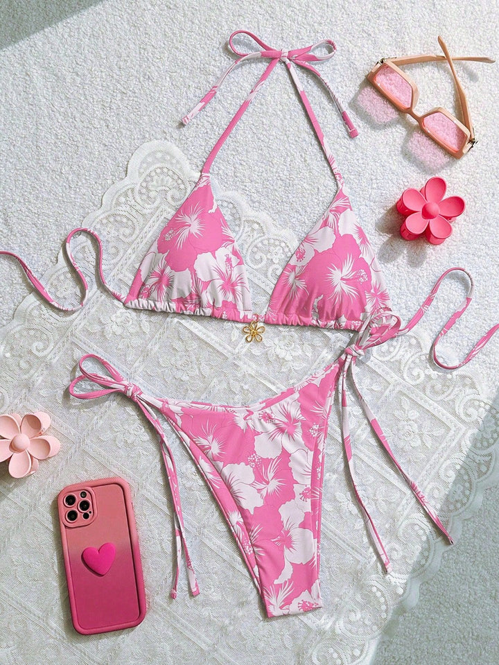 Damen Triangel-Bikini mit floralen Akzenten und raffinierten Bindebändern Drune