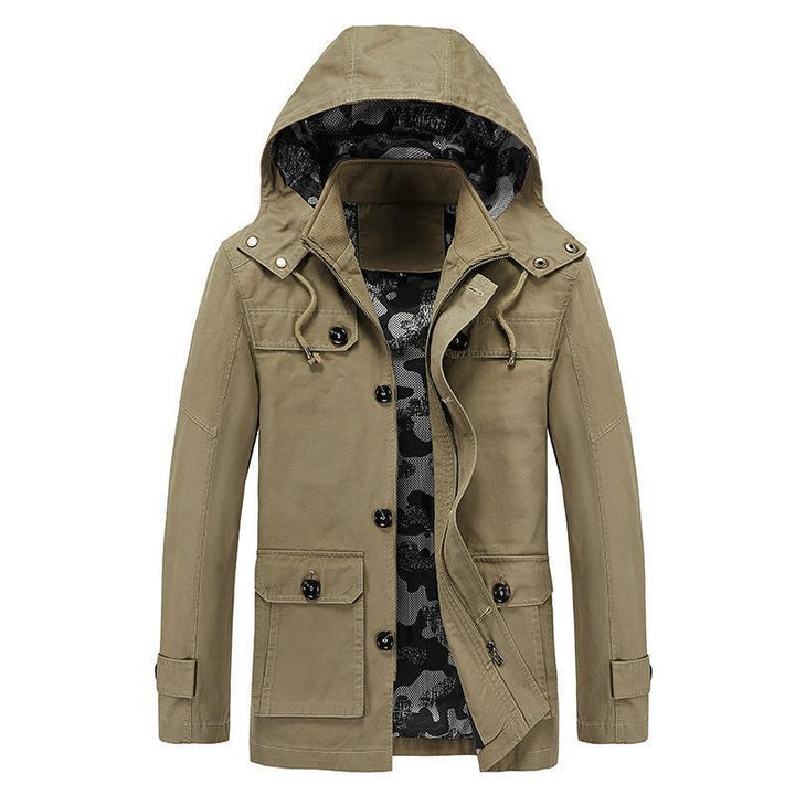 Herren mittellange Canvas-Fieldjacke mit Kapuze, Cargo‑Taschen und Camouflage‑Innenfutter Drune