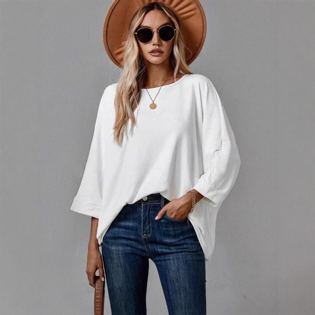 Damen Oversize Tunika‑Bluse mit U‑Boot‑Ausschnitt und dreiviertelärmeln Drune