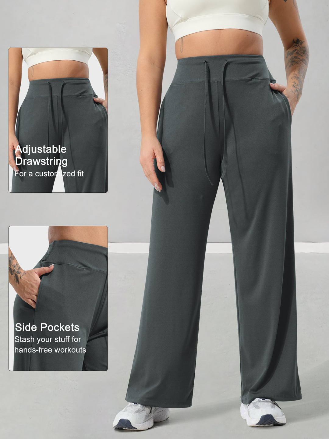 Damen Jogginghose mit hohem Bund, weitem Bein, Kordelzug und Seitentaschen Drune