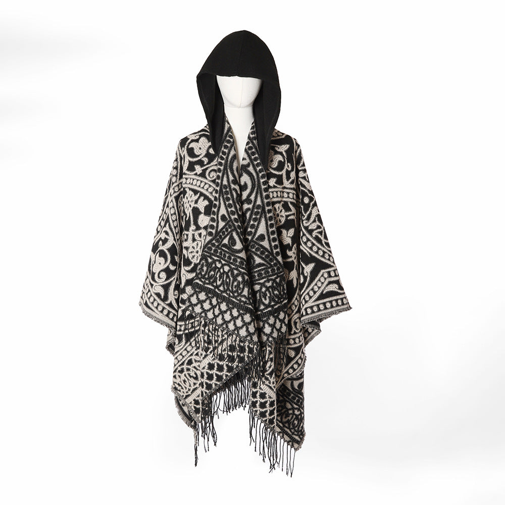 Damen Kapuzen‑Capeponcho aus Wollmix mit Jacquardmuster, Fransen und Oversize‑Fall Drune