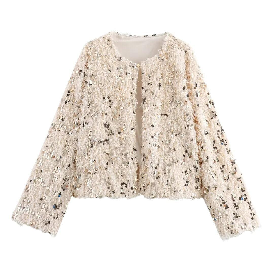 Damen Cropped‑Jacke aus flauschigem Faux‑Fur mit Paillettenbesatz Drune