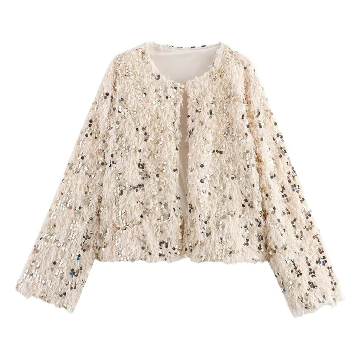 Damen Cropped‑Jacke aus flauschigem Faux‑Fur mit Paillettenbesatz Drune
