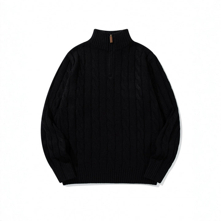 Unisex Grobgestrickter Halbreißverschluss-Zopfmuster-Pullover mit Stehkragen und gerippten Abschlüssen Drune