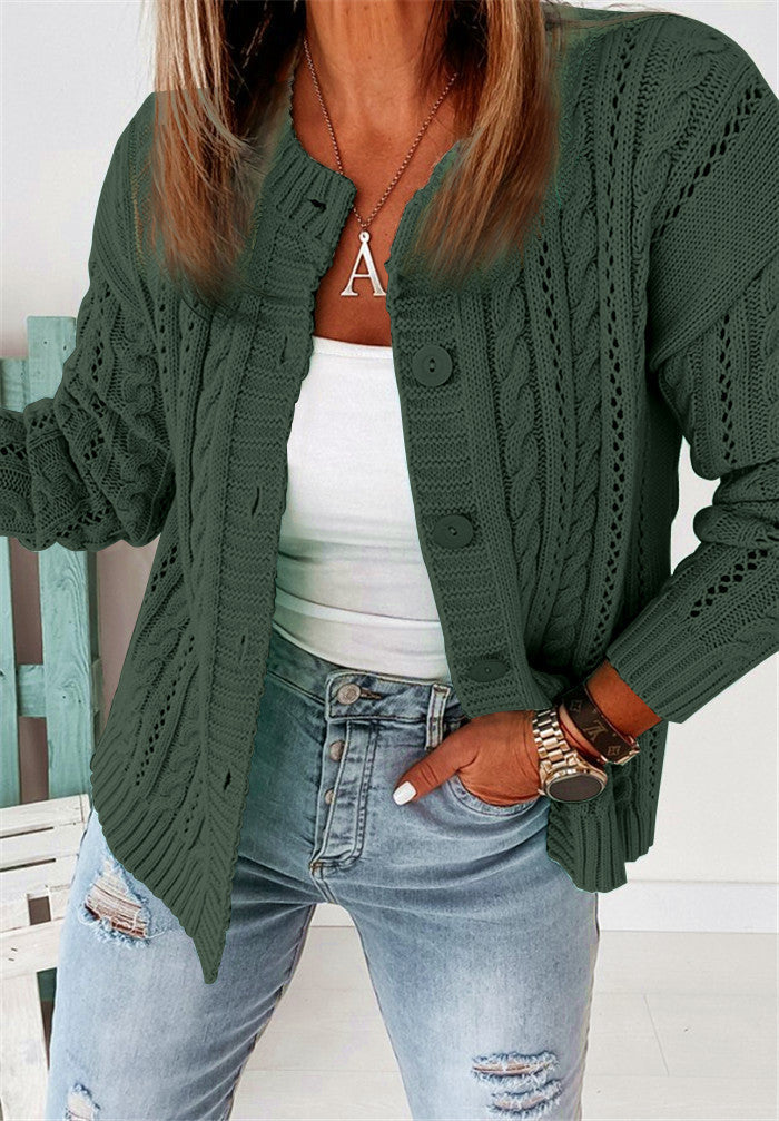 Drune | Strickjacke Wollstrick Lockere Passform Zopfmuster Knopfverschluss