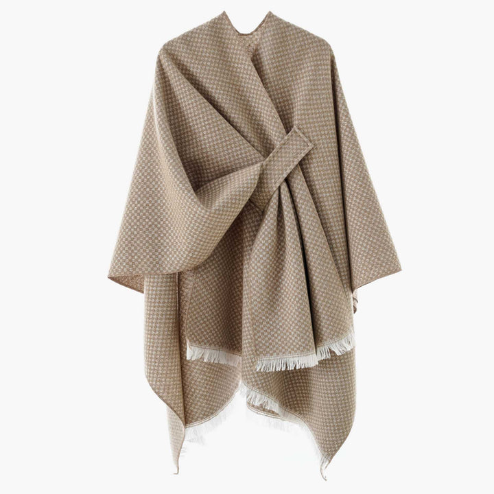 Damen Umlegbarer Wollmix-Poncho mit Hahnentritt-Jacquard und Bindegürtel Drune