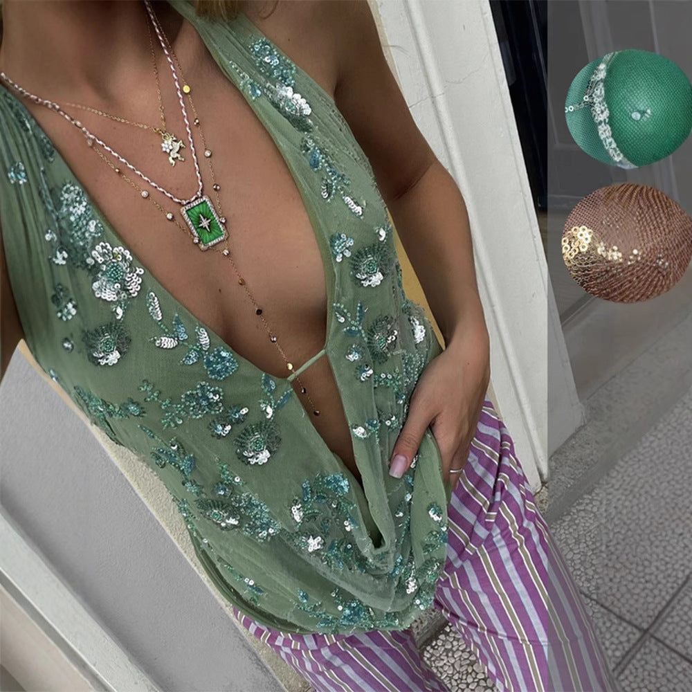 Damen Glamouröses Sequined Minikleid mit tiefem V-Ausschnitt und schwingendem Saum Drune