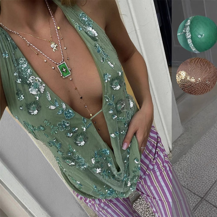 Damen Glamouröses Sequined Minikleid mit tiefem V-Ausschnitt und schwingendem Saum Drune
