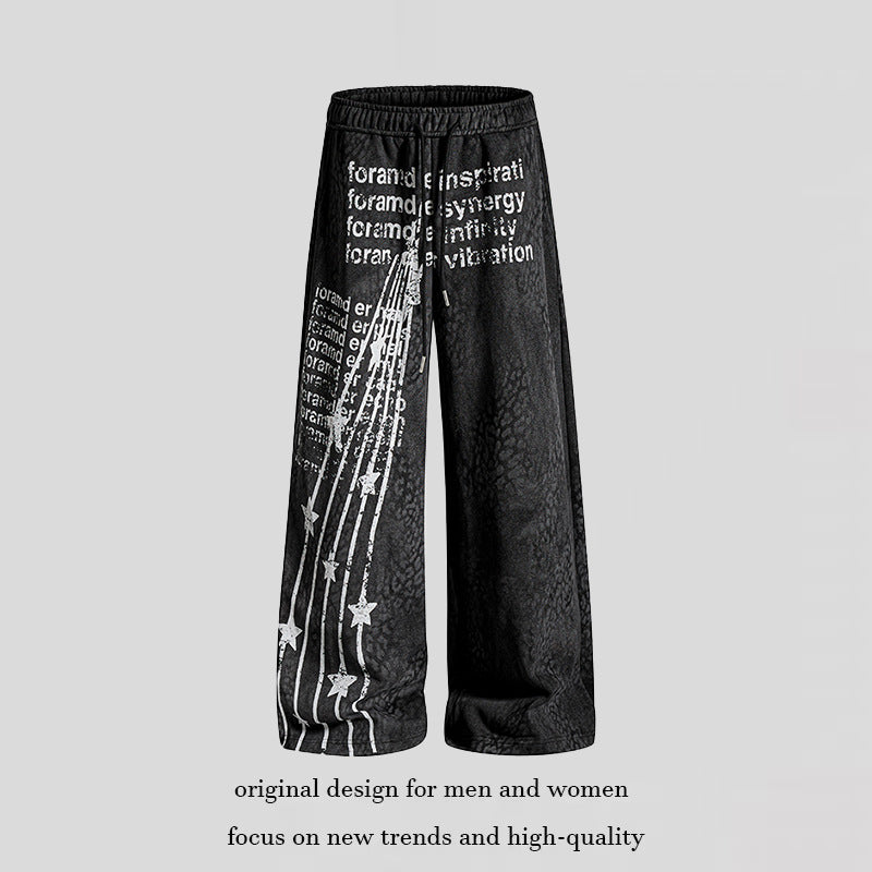 Damen Weite Palazzo-Joggpants mit Tunnelzugbund, Statement-Print und Vintage-Waschung Drune