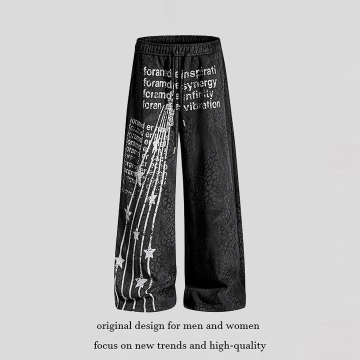 Damen Weite Palazzo-Joggpants mit Tunnelzugbund, Statement-Print und Vintage-Waschung Drune