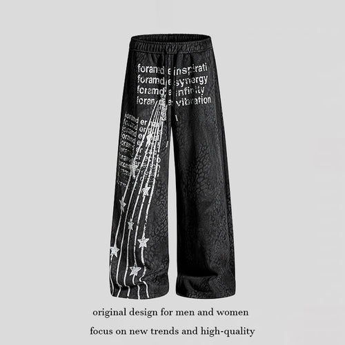 Damen Weite Palazzo-Joggpants mit Tunnelzugbund, Statement-Print und Vintage-Waschung Drune