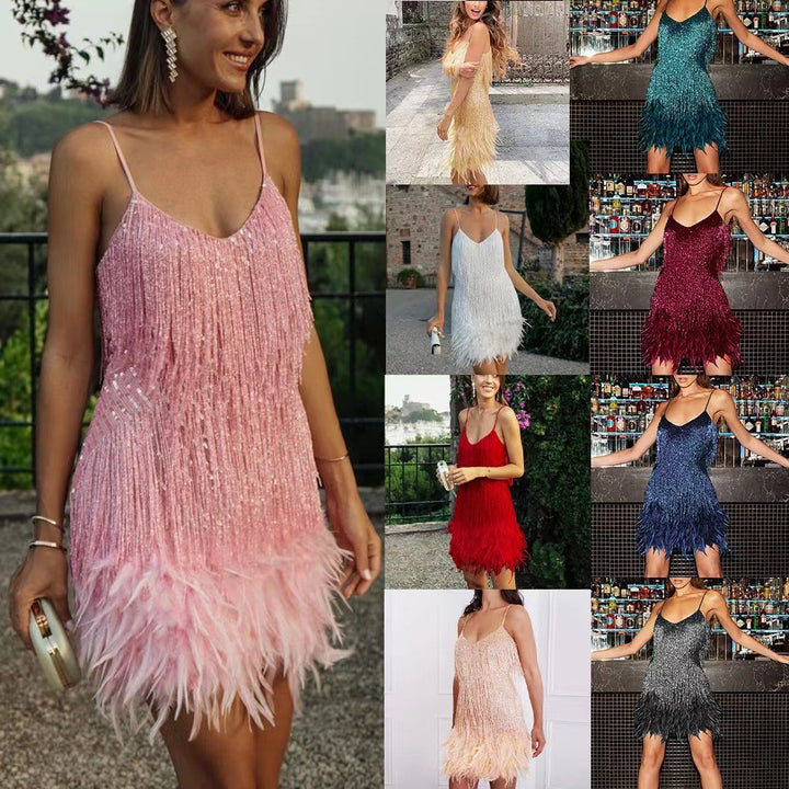 Damen Glitzerndes Kurzkleid mit Federn und funkelnden Pailletten Drune