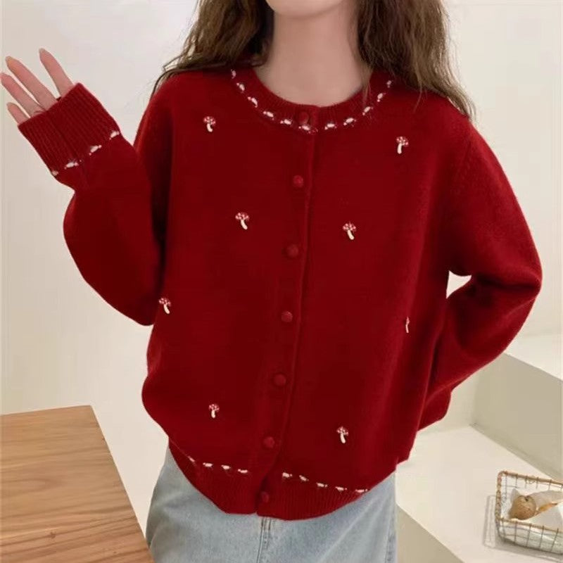 Damen Strickjacke mit floralem Stickdesign und Rundhalsausschnitt Drune