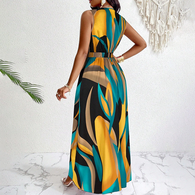 Damen Elegantes Maxikleid mit modernem, farbenprächtigen Design und tiefem V-Ausschnitt Drune