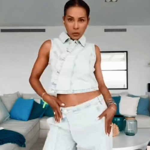 Damen Gekürztes ärmelloses Denim-Set mit taillierter Weste & weiter High-Waist-Hose Drune